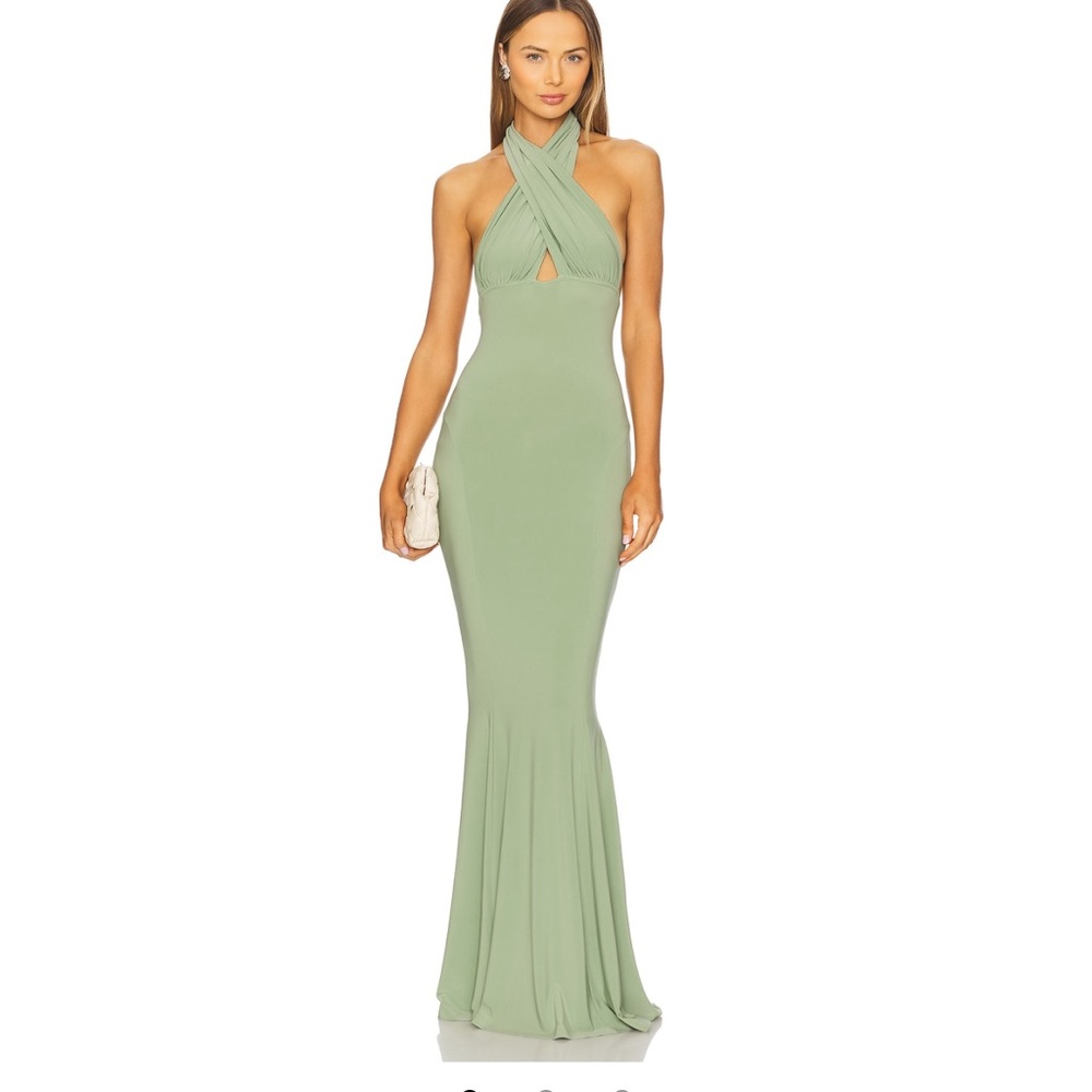 Norma Kamali Vintage Green Cross Halter Maxi Dress